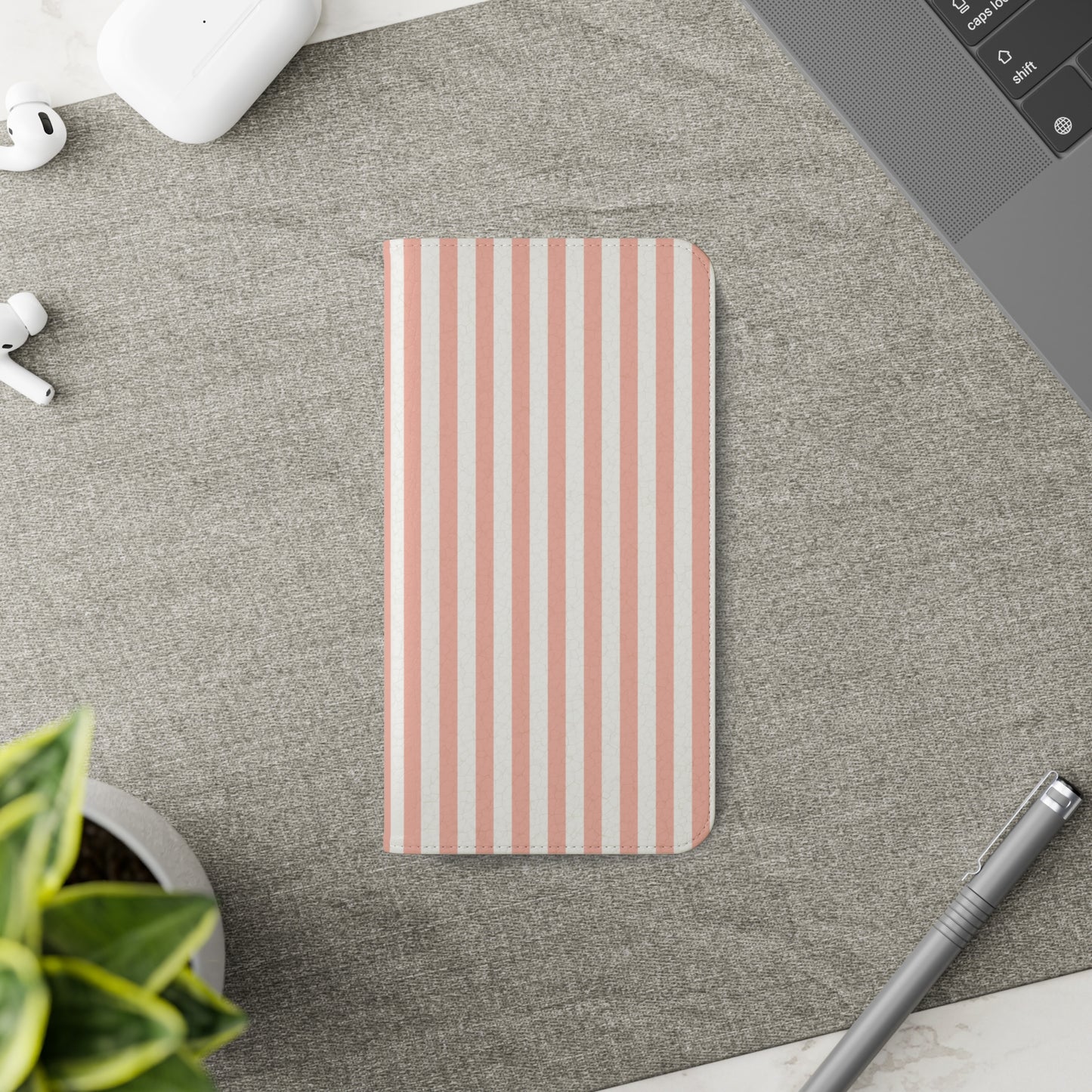 Coral Pink Stripes Flip Phone Case Cover with Pockets