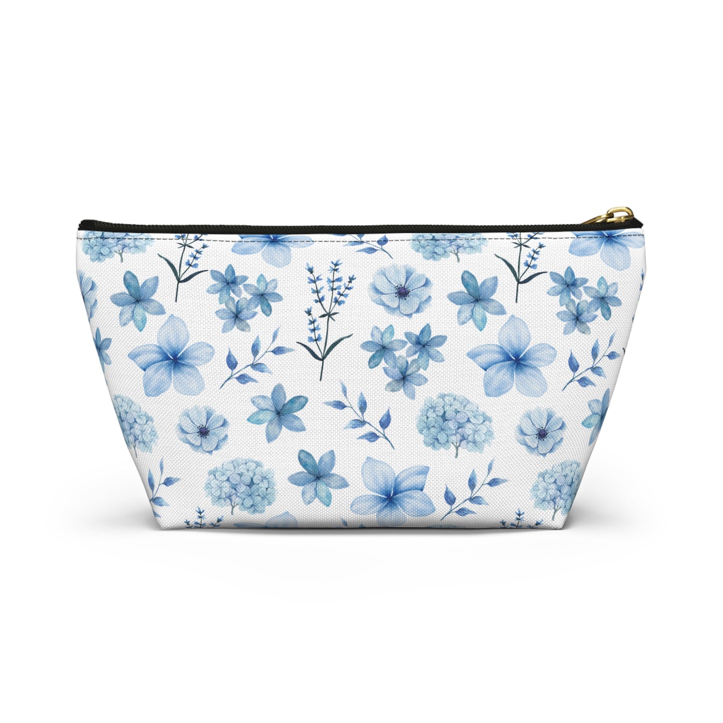 Snowy Blue Flowers Accessory Pouch with T-bottom Pretty Blue and White Flower Pouch for Makeup Small Bag for School Supplies Floral Winter Zipper Pouch