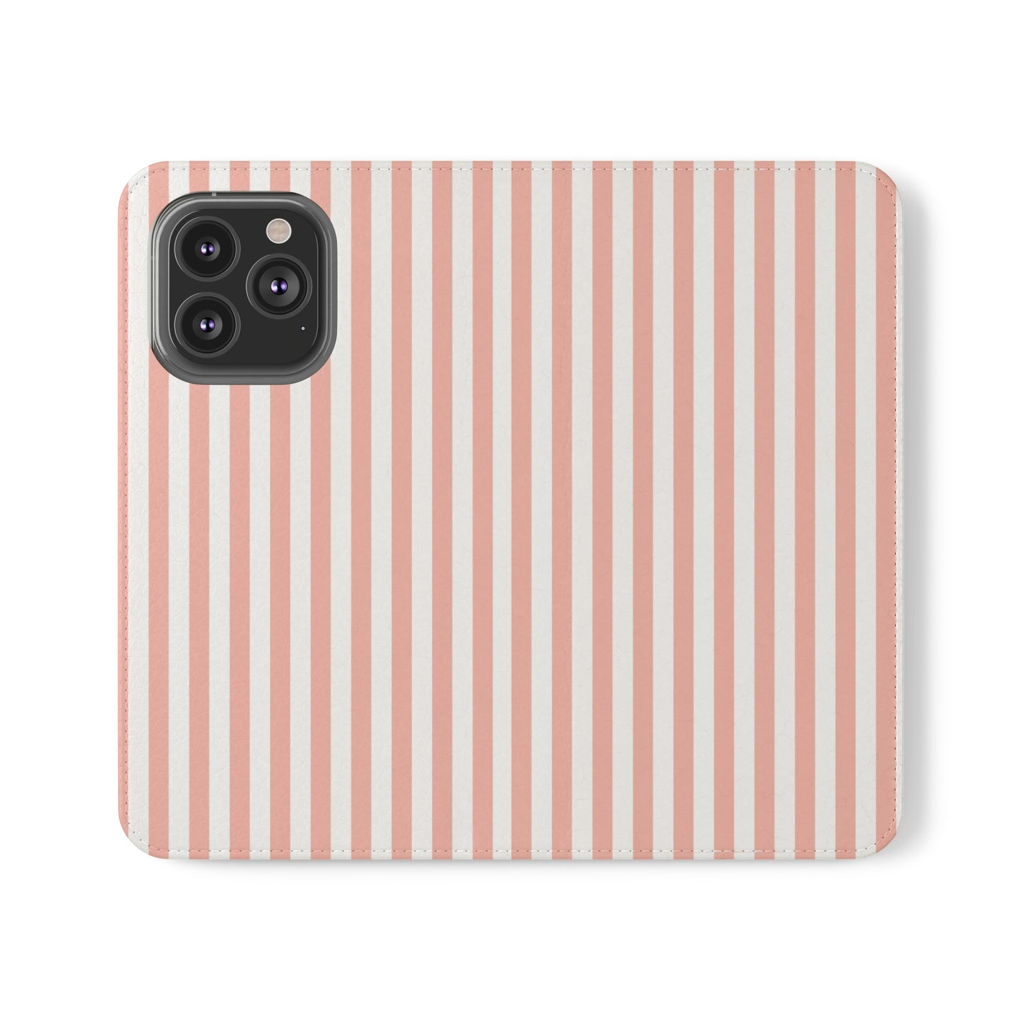 Coral Pink Stripes Flip Phone Case Cover with Pockets