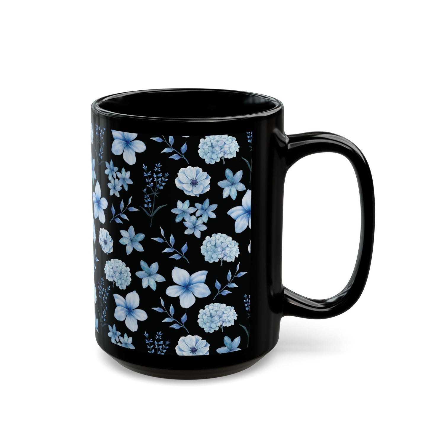 Snowy Blue Flowers Black Mug Cool Summer Coffee Mug Tea Cup Spring Ceramic Mug