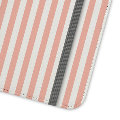 Coral Pink Stripes Flip Phone Case Cover with Pockets