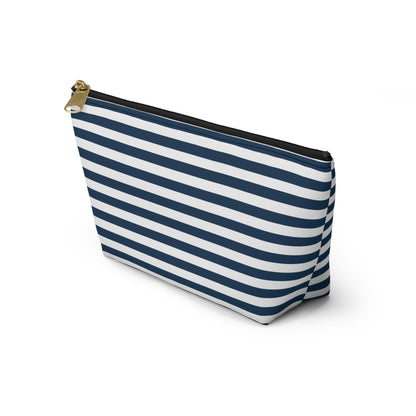 Royal Navy Blue Stripes Accessory Pouch with T-bottom Classic Dark Blue and White Pouch for Makeup Small Bag for School Supplies Striped Zipper Pouch