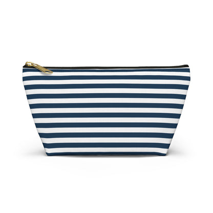 Royal Navy Blue Stripes Accessory Pouch with T-bottom Classic Dark Blue and White Pouch for Makeup Small Bag for School Supplies Striped Zipper Pouch