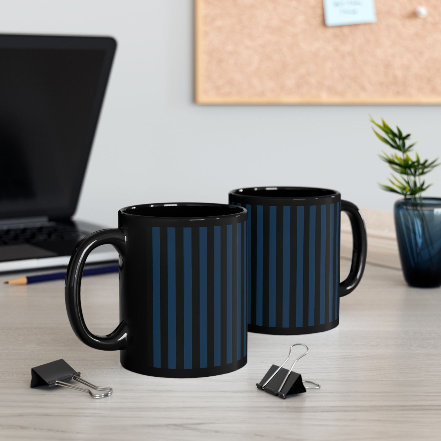 Navy Blue Stripes Black Mug Cool Summer Coffee Mug Tea Cup Spring Ceramic Mug