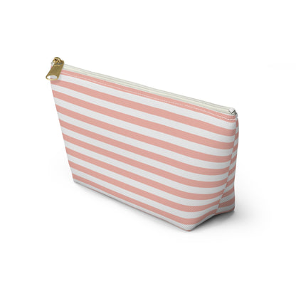 Pretty Coral Pink Stripes Accessory Pouch with T-bottom Classic Pink and White Pouch for Makeup Small Bag for School Supplies Striped Zipper Pouch