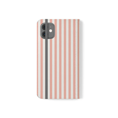 Coral Pink Stripes Flip Phone Case Cover with Pockets