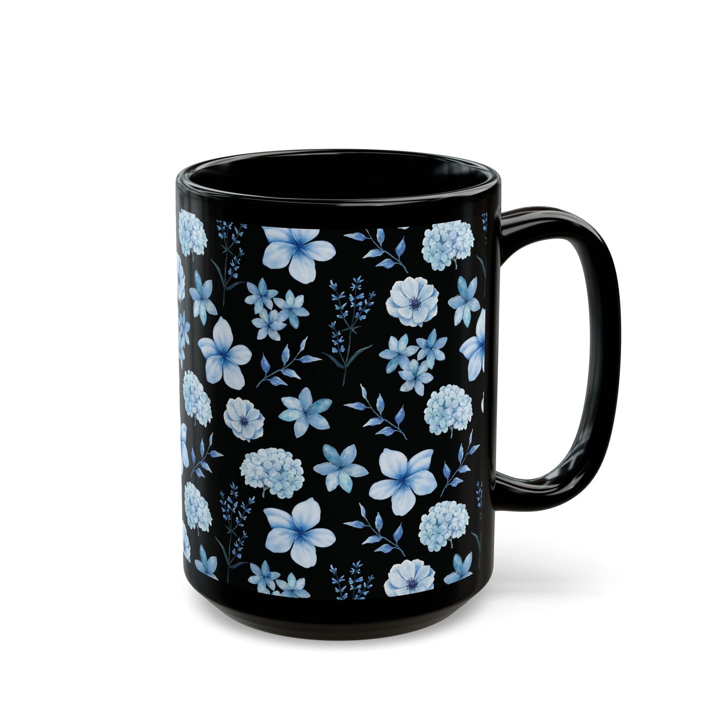 Snowy Blue Flowers Black Mug Cool Summer Coffee Mug Tea Cup Spring Ceramic Mug