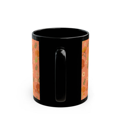 Coral Peach Meadow Black Mug Cool Summer Flower Coffee Mug Floral Tea Cup Spring Ceramic Mug