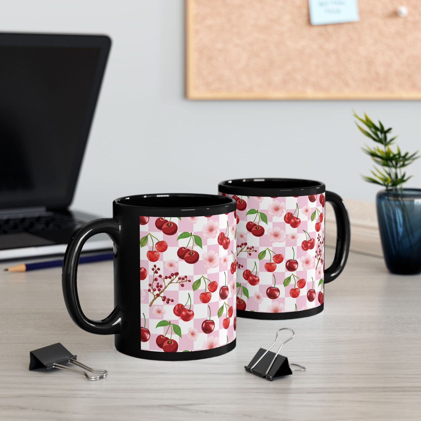 Cherry Checkerboard Black Mug Cool Summer Coffee Mug Tea Cup Spring Ceramic Mug