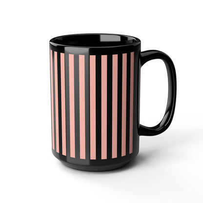 Coral Pink Stripes Black Mug Cool Summer Coffee Mug Tea Cup Spring Ceramic Mug