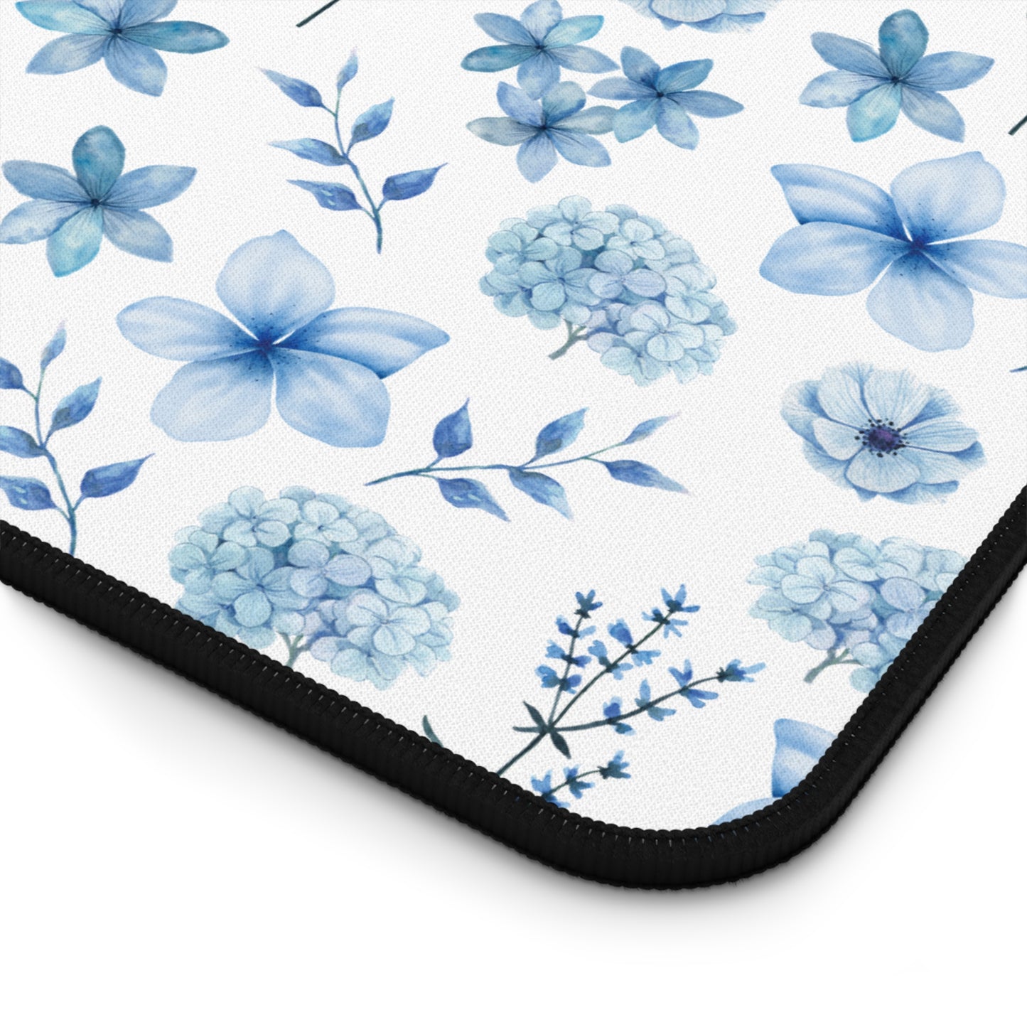 Snowy Blue Flowers Desk Mat Floral Winter Blue Computer Mat Watercolor Flowers Office Mat