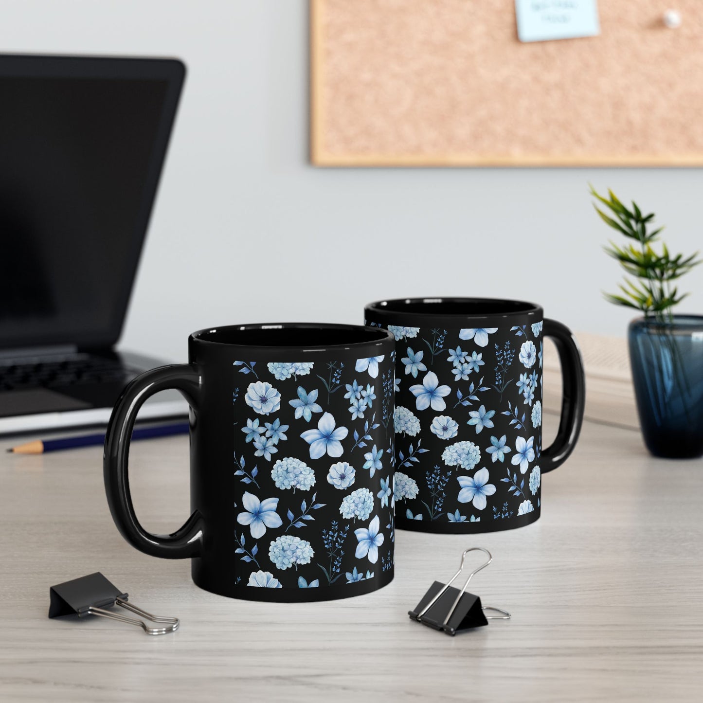 Snowy Blue Flowers Black Mug Cool Summer Coffee Mug Tea Cup Spring Ceramic Mug