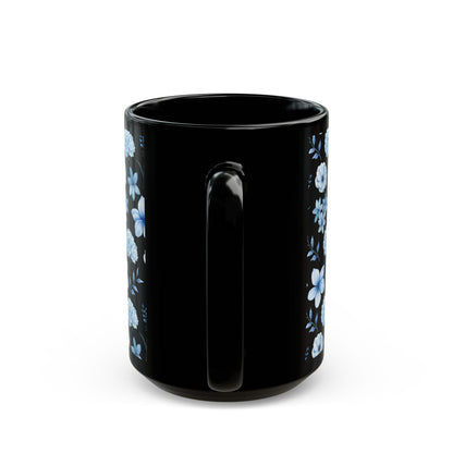 Snowy Blue Flowers Black Mug Cool Summer Coffee Mug Tea Cup Spring Ceramic Mug