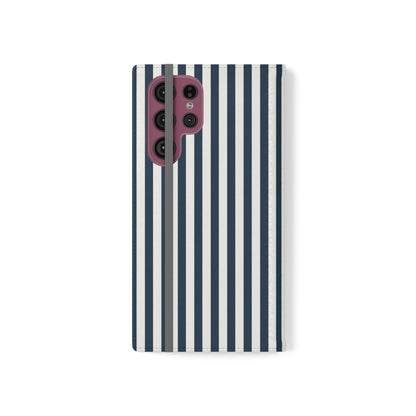 Navy Blue Stripes Flip Phone Case Cover with Pockets - Phone Case - Kristine Celestine