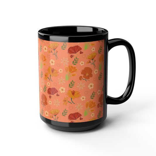 Coral Peach Meadow Black Mug Cool Summer Flower Coffee Mug Floral Tea Cup Spring Ceramic Mug