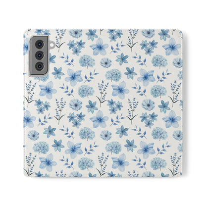 Snowy Blue Flowers Flip Phone Case Cover with Pockets