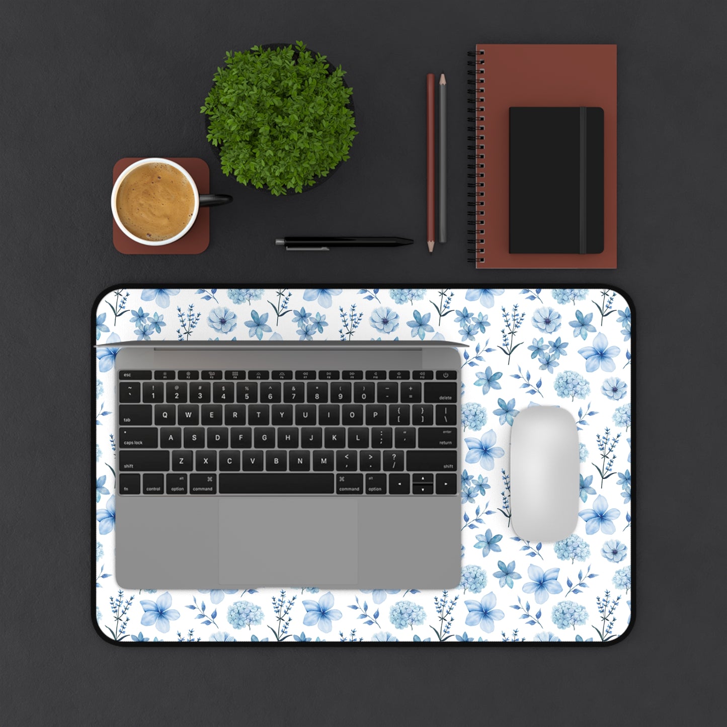 Snowy Blue Flowers Desk Mat Floral Winter Blue Computer Mat Watercolor Flowers Office Mat