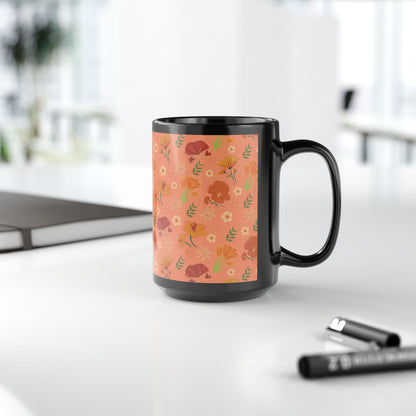 Coral Peach Meadow Black Mug Cool Summer Flower Coffee Mug Floral Tea Cup Spring Ceramic Mug