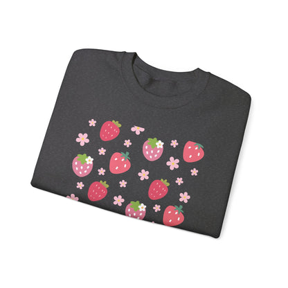 Strawberries and Daisies Crewneck Sweatshirt Cute Casual Strawberry Sweater Pink and Red Fruit Floral Daisy - Sweatshirt - Kristine Celestine