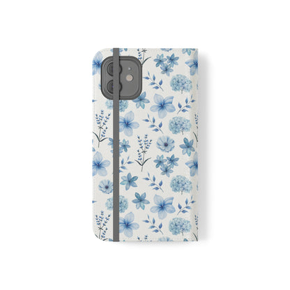 Snowy Blue Flowers Flip Phone Case Cover with Pockets - Phone Case - Kristine Celestine