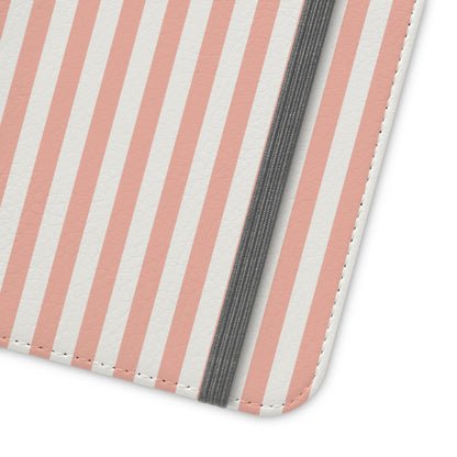 Coral Pink Stripes Flip Phone Case Cover with Pockets