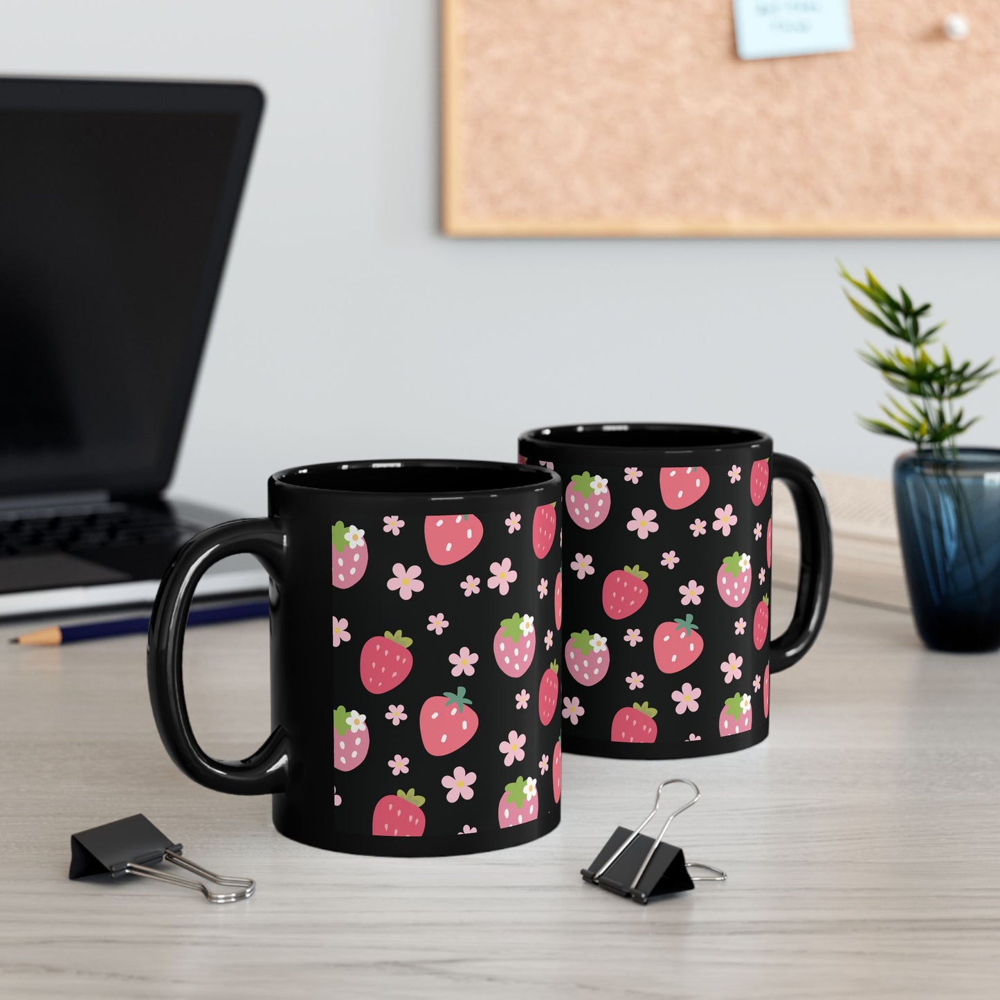 Strawberries and Daisies Black Mug