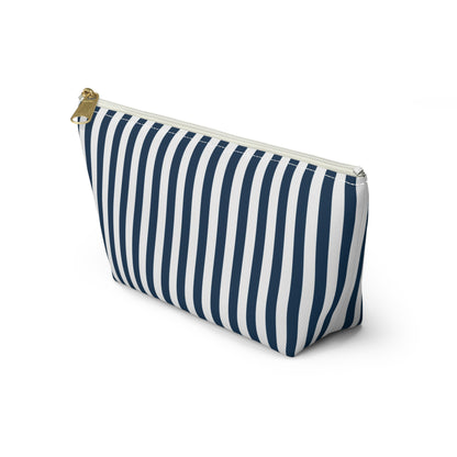 Navy Blue Stripes Accessory Pouch with T-bottom Classic Royal Blue and White Pouch for Makeup Small Bag for School Supplies Striped Zipper Pouch