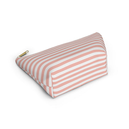 Pretty Coral Pink Stripes Accessory Pouch with T-bottom Classic Pink and White Pouch for Makeup Small Bag for School Supplies Striped Zipper Pouch