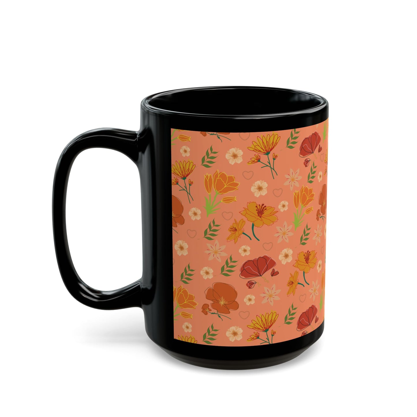 Coral Peach Meadow Black Mug Cool Summer Flower Coffee Mug Floral Tea Cup Spring Ceramic Mug