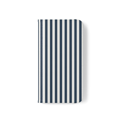 Navy Blue Stripes Flip Phone Case Cover with Pockets