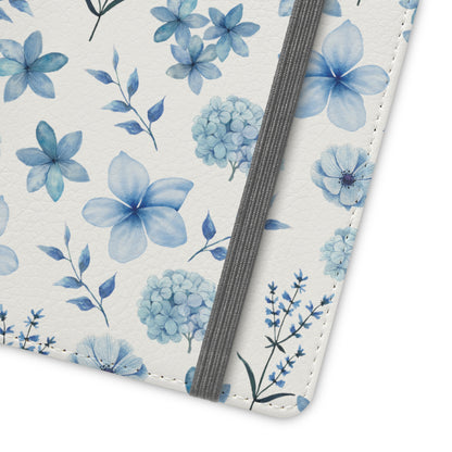 Snowy Blue Flowers Flip Phone Case Cover with Pockets