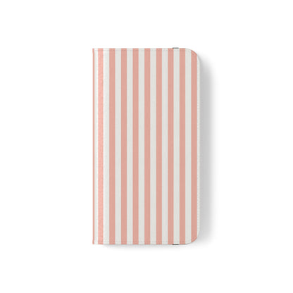 Coral Pink Stripes Flip Phone Case Cover with Pockets