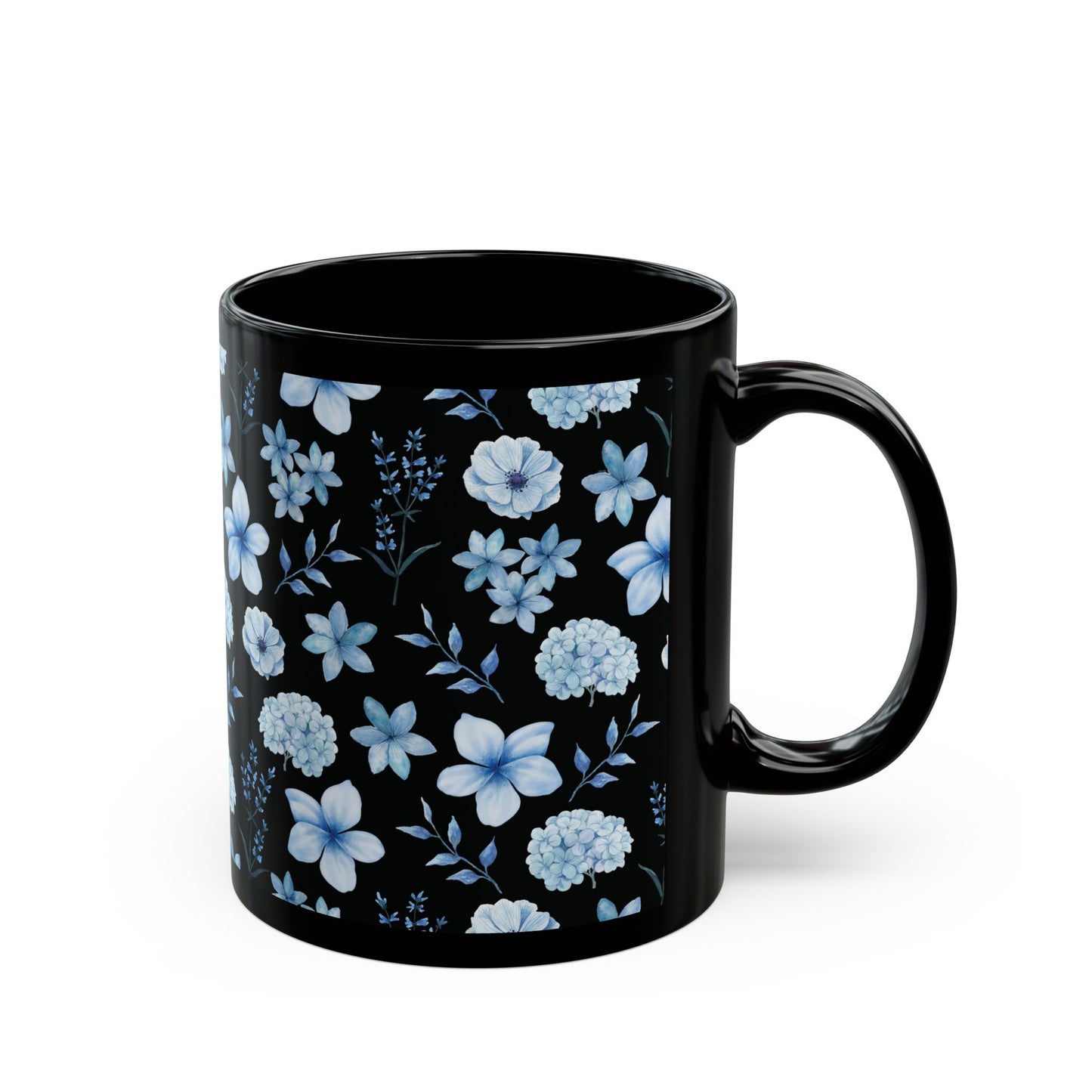 Snowy Blue Flowers Black Mug Cool Summer Coffee Mug Tea Cup Spring Ceramic Mug