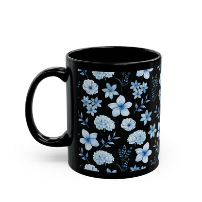 Snowy Blue Flowers Black Mug Cool Summer Coffee Mug Tea Cup Spring Ceramic Mug