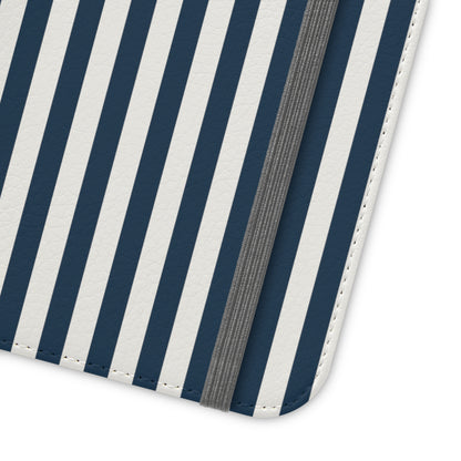 Navy Blue Stripes Flip Phone Case Cover with Pockets