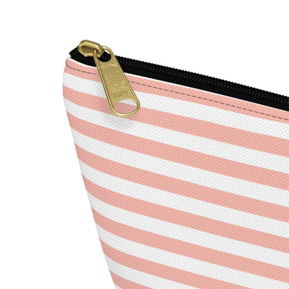 Pretty Coral Pink Stripes Accessory Pouch with T-bottom Classic Pink and White Pouch for Makeup Small Bag for School Supplies Striped Zipper Pouch