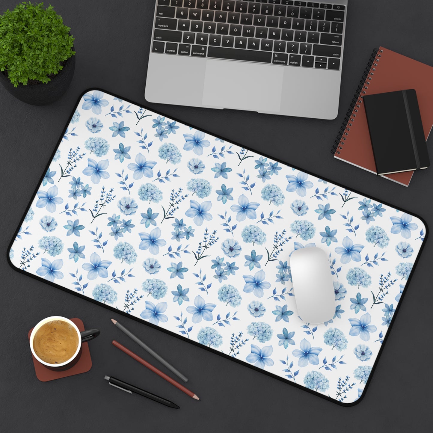 Snowy Blue Flowers Desk Mat Floral Winter Blue Computer Mat Watercolor Flowers Office Mat