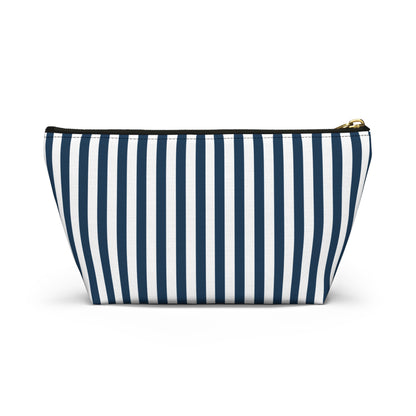 Navy Blue Stripes Accessory Pouch with T-bottom Classic Royal Blue and White Pouch for Makeup Small Bag for School Supplies Striped Zipper Pouch