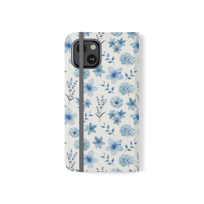 Snowy Blue Flowers Flip Phone Case Cover with Pockets - Phone Case - Kristine Celestine