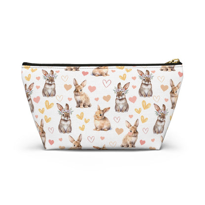 Bunny Love Accessory Pouch with T - bottom Spring Floral Rabbits Pouch for Makeup Small Bag for School Supplies Flower Bunnies Zipper Pouch - Bags - Kristine Celestine