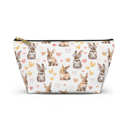 Bunny Love Accessory Pouch with T - bottom Spring Floral Rabbits Pouch for Makeup Small Bag for School Supplies Flower Bunnies Zipper Pouch - Bags - Kristine Celestine