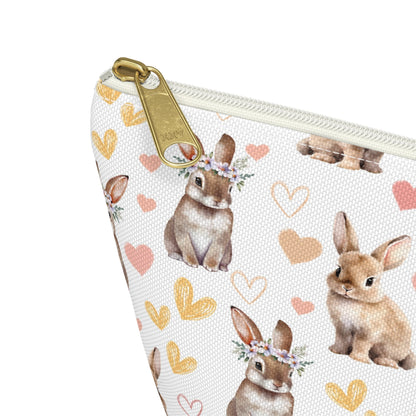 Bunny Love Accessory Pouch with T - bottom Spring Floral Rabbits Pouch for Makeup Small Bag for School Supplies Flower Bunnies Zipper Pouch - Bags - Kristine Celestine