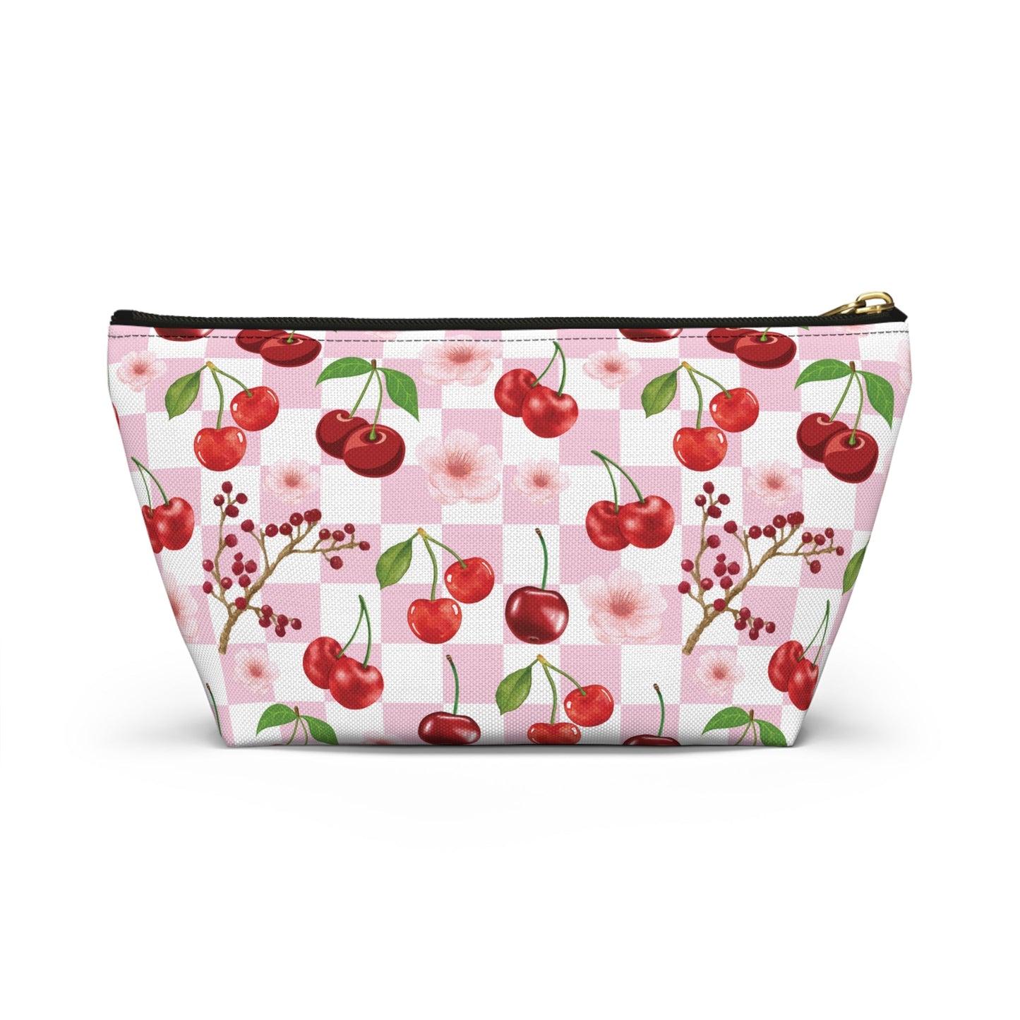 Cherry Checkerboard Accessory Pouch with T - bottom Pretty Pink and White Flower Pouch for Makeup Small Bag for School Supplies Floral Summer Cherries Zipper Pouch - Bags - Kristine Celestine