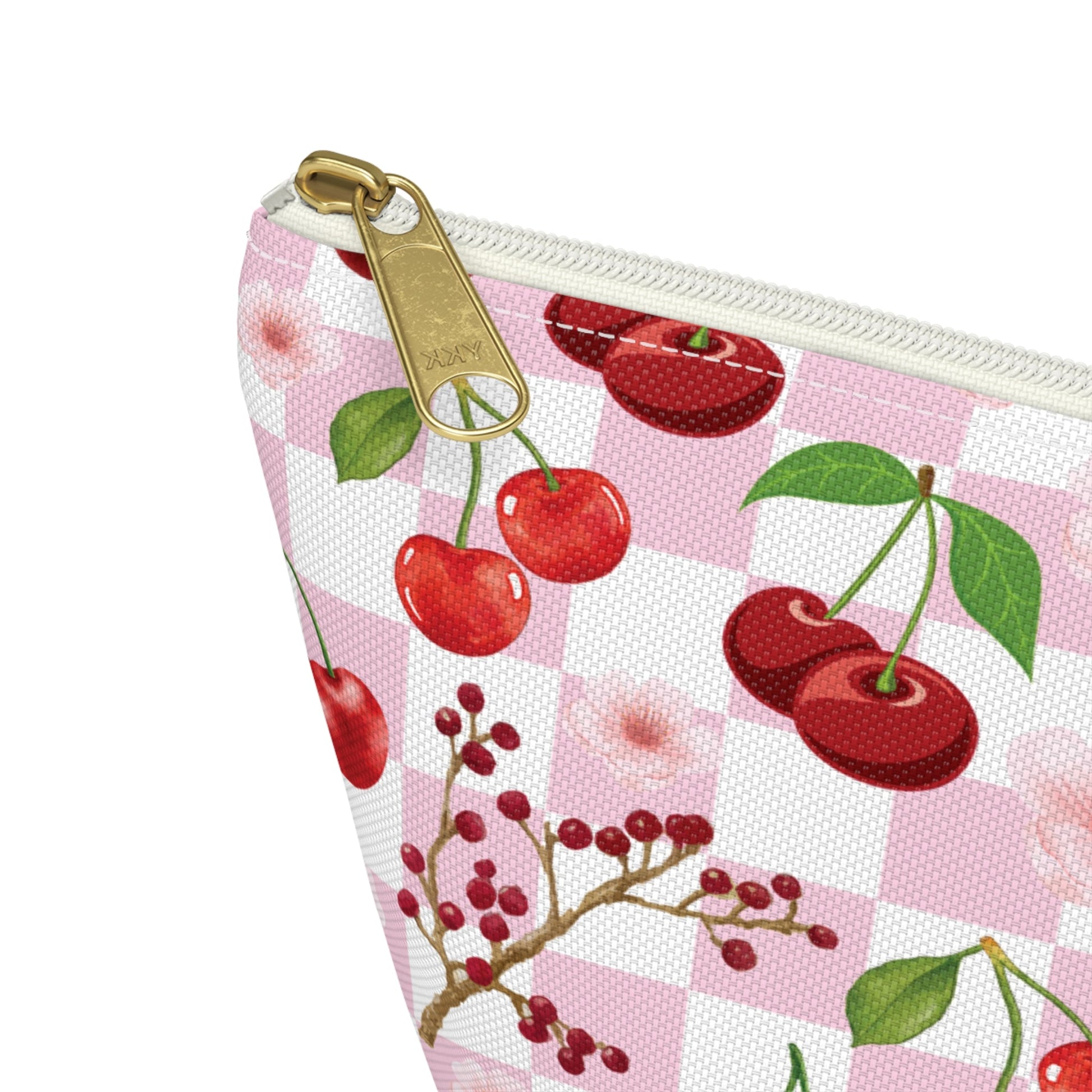 Cherry Checkerboard Accessory Pouch with T - bottom Pretty Pink and White Flower Pouch for Makeup Small Bag for School Supplies Floral Summer Cherries Zipper Pouch - Bags - Kristine Celestine