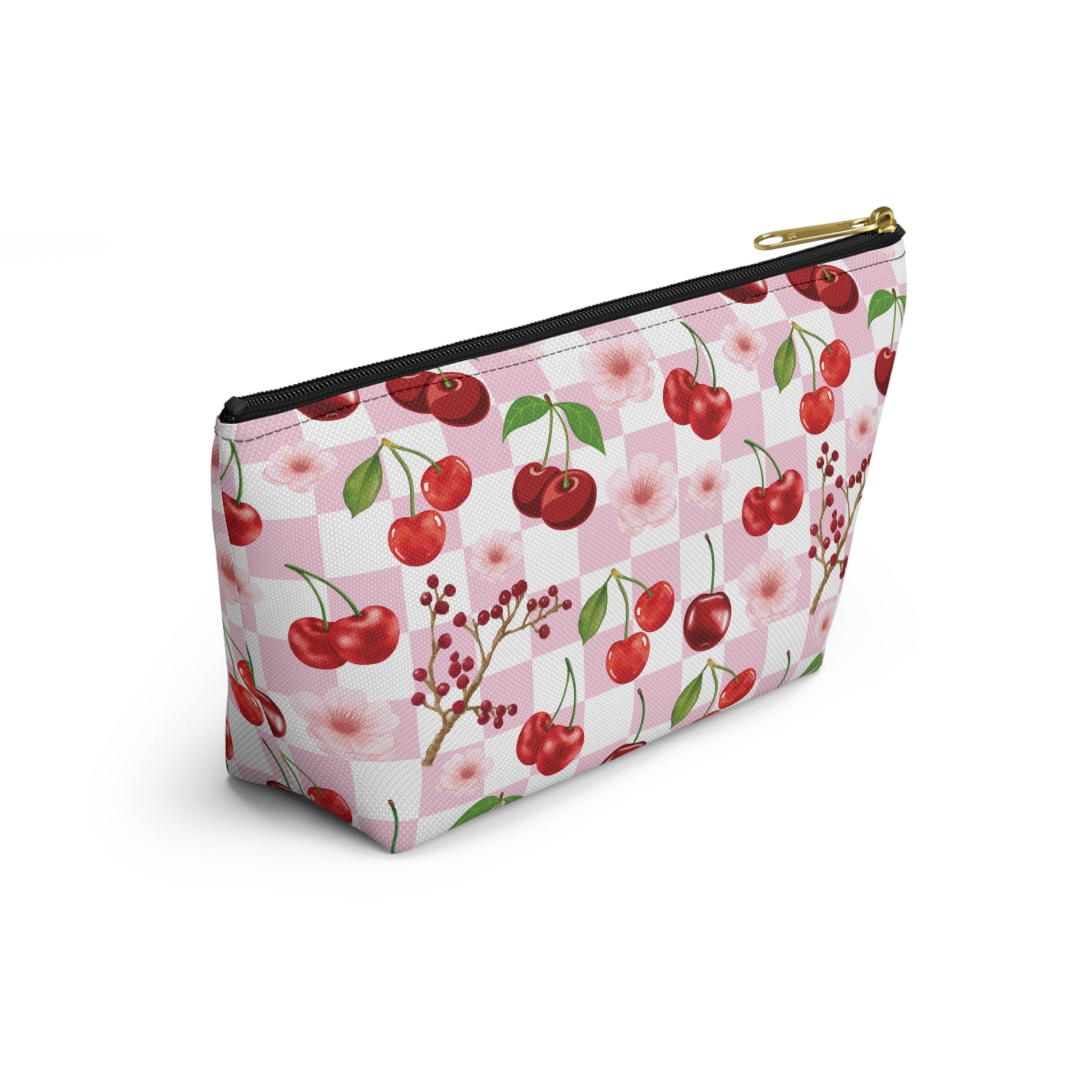 Cherry Checkerboard Accessory Pouch with T - bottom Pretty Pink and White Flower Pouch for Makeup Small Bag for School Supplies Floral Summer Cherries Zipper Pouch - Bags - Kristine Celestine