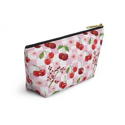 Cherry Checkerboard Accessory Pouch with T - bottom Pretty Pink and White Flower Pouch for Makeup Small Bag for School Supplies Floral Summer Cherries Zipper Pouch - Bags - Kristine Celestine