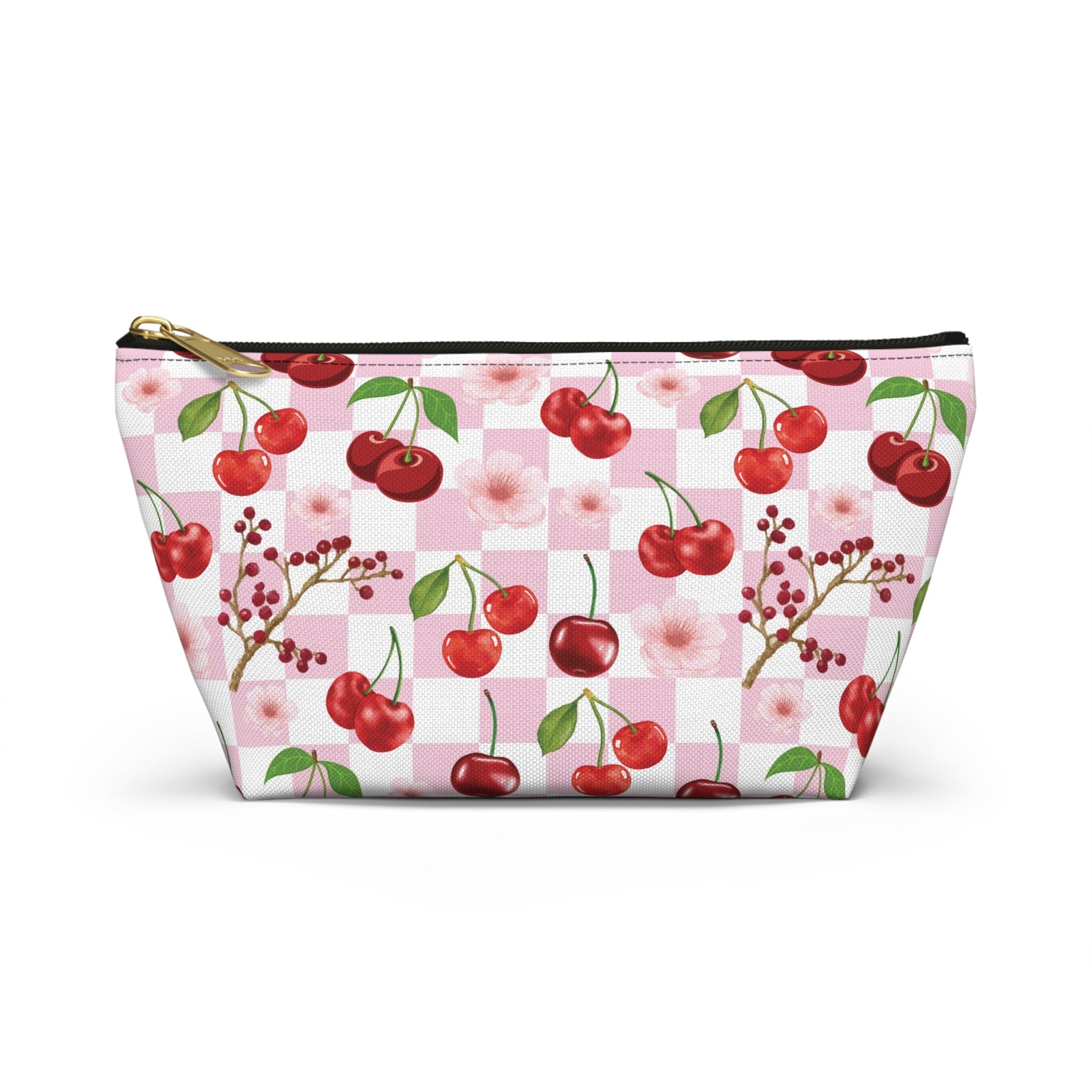 Cherry Checkerboard Accessory Pouch with T - bottom Pretty Pink and White Flower Pouch for Makeup Small Bag for School Supplies Floral Summer Cherries Zipper Pouch - Bags - Kristine Celestine