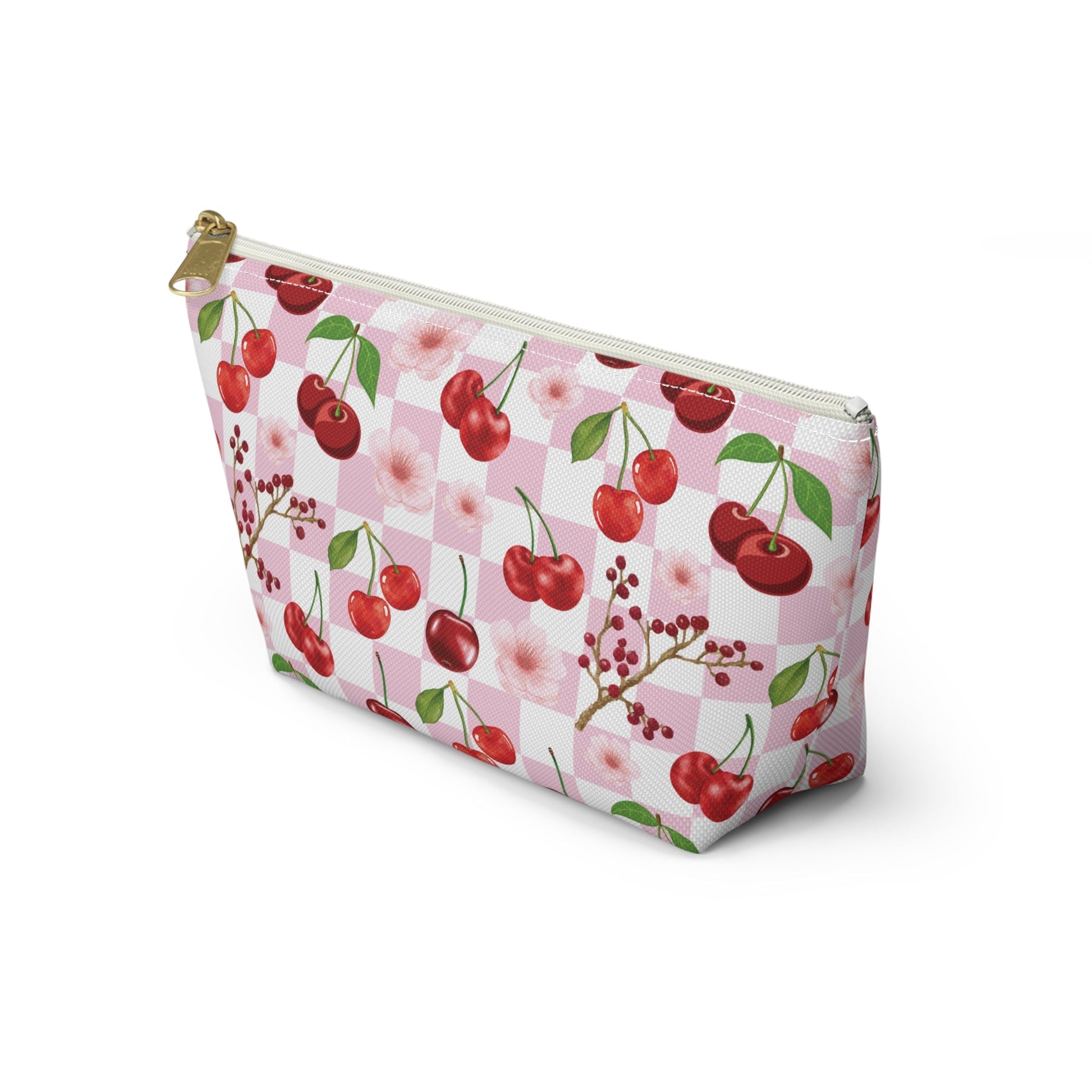 Cherry Checkerboard Accessory Pouch with T - bottom Pretty Pink and White Flower Pouch for Makeup Small Bag for School Supplies Floral Summer Cherries Zipper Pouch - Bags - Kristine Celestine