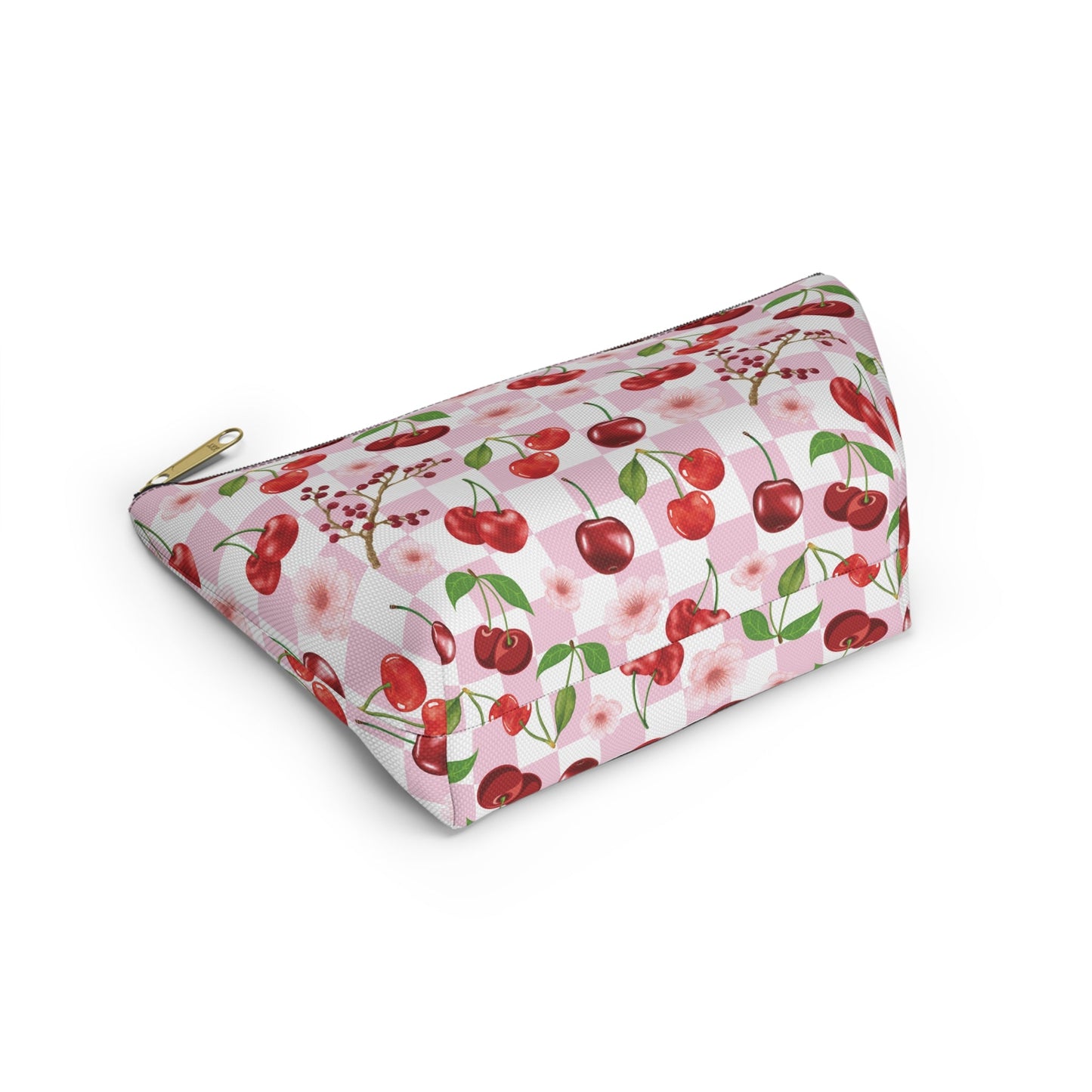 Cherry Checkerboard Accessory Pouch with T - bottom Pretty Pink and White Flower Pouch for Makeup Small Bag for School Supplies Floral Summer Cherries Zipper Pouch - Bags - Kristine Celestine