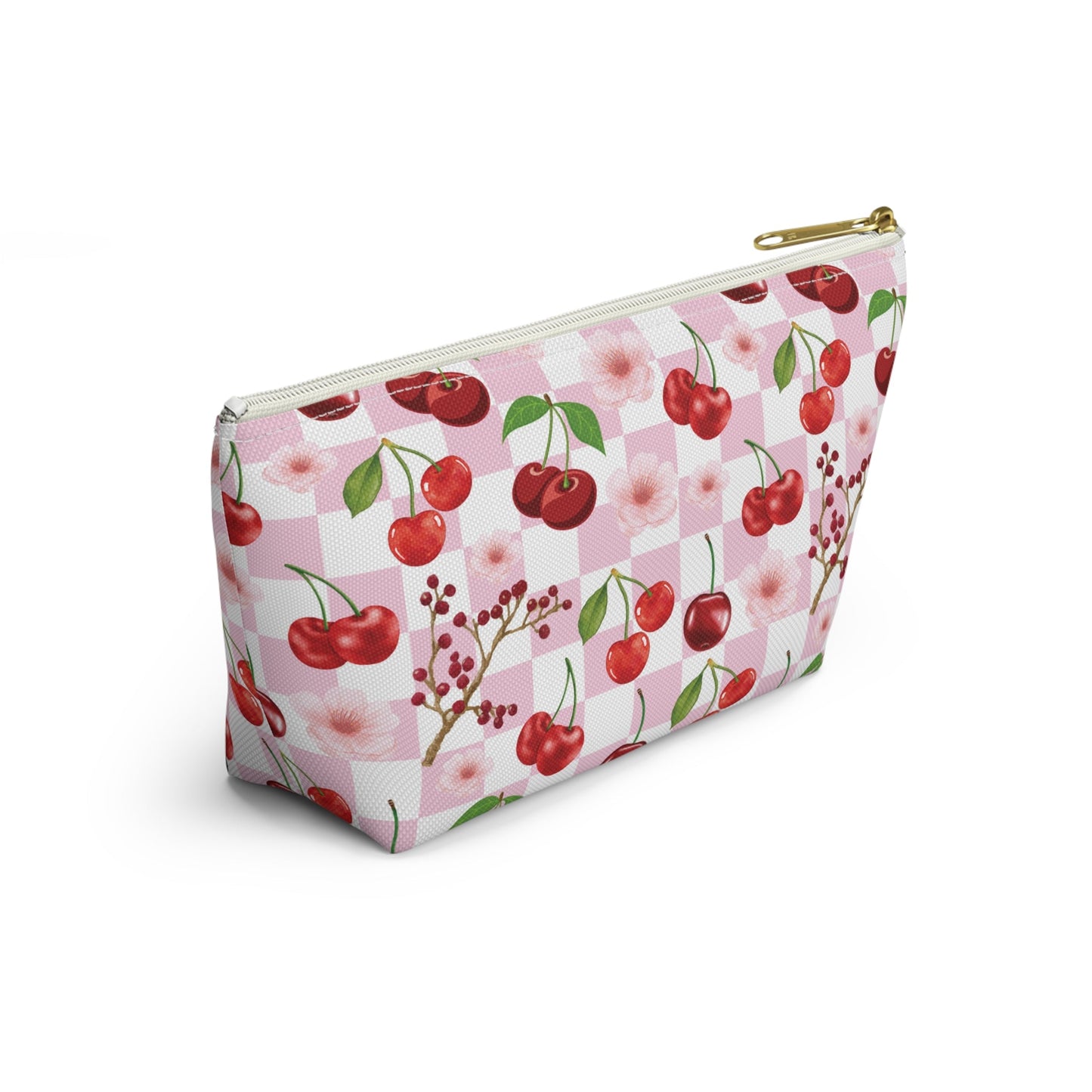 Cherry Checkerboard Accessory Pouch with T - bottom Pretty Pink and White Flower Pouch for Makeup Small Bag for School Supplies Floral Summer Cherries Zipper Pouch - Bags - Kristine Celestine